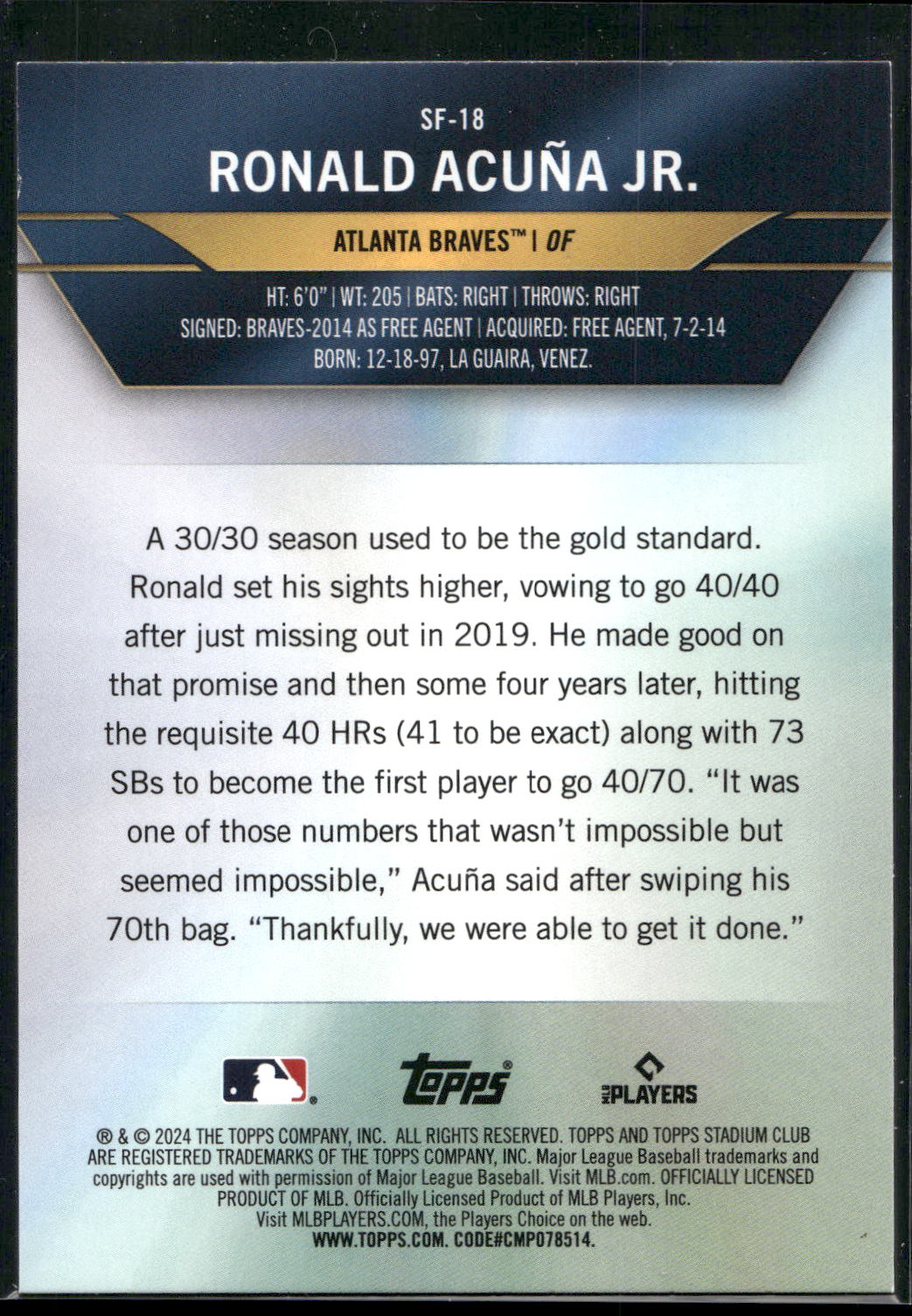 2024 Stadium Club #SF-18 Ronald Acuña Jr. Special Forces