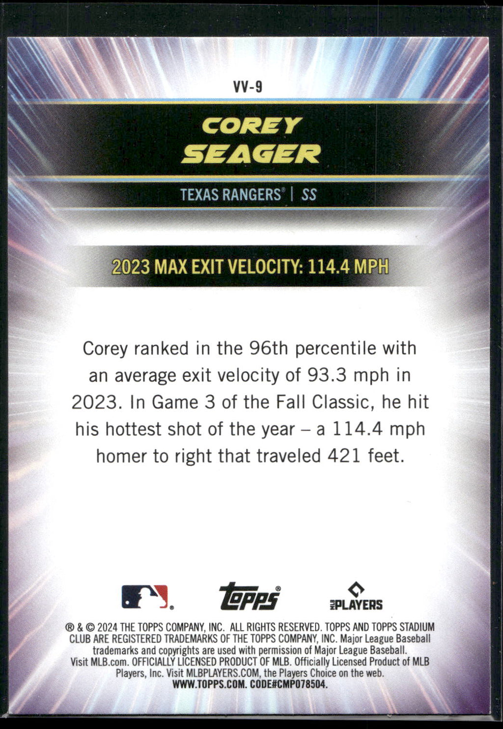 2024 Stadium Club #VV-9 Corey Seager Virtuosos of Velocity