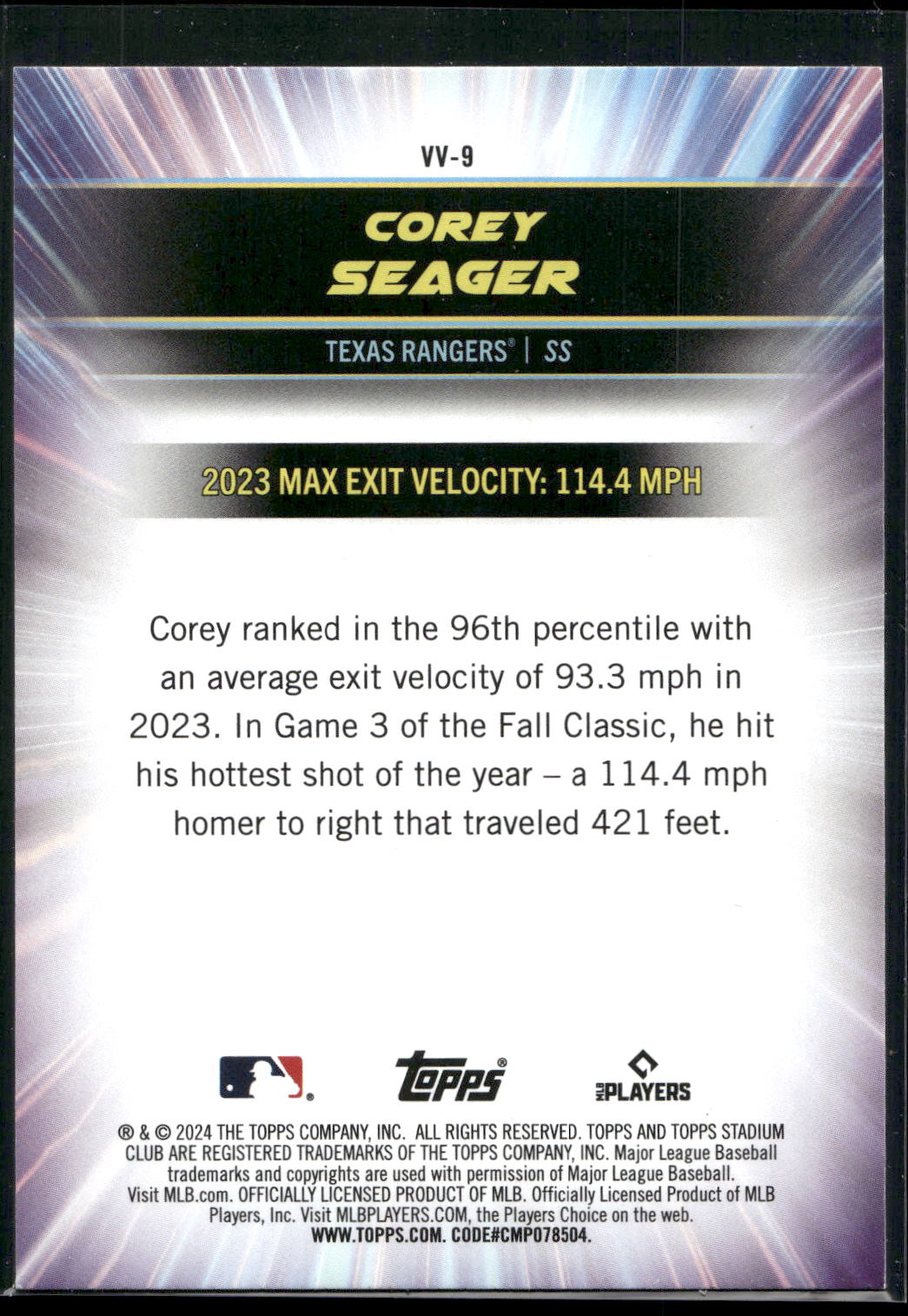 2024 Stadium Club #VV-9 Corey Seager Virtuosos of Velocity