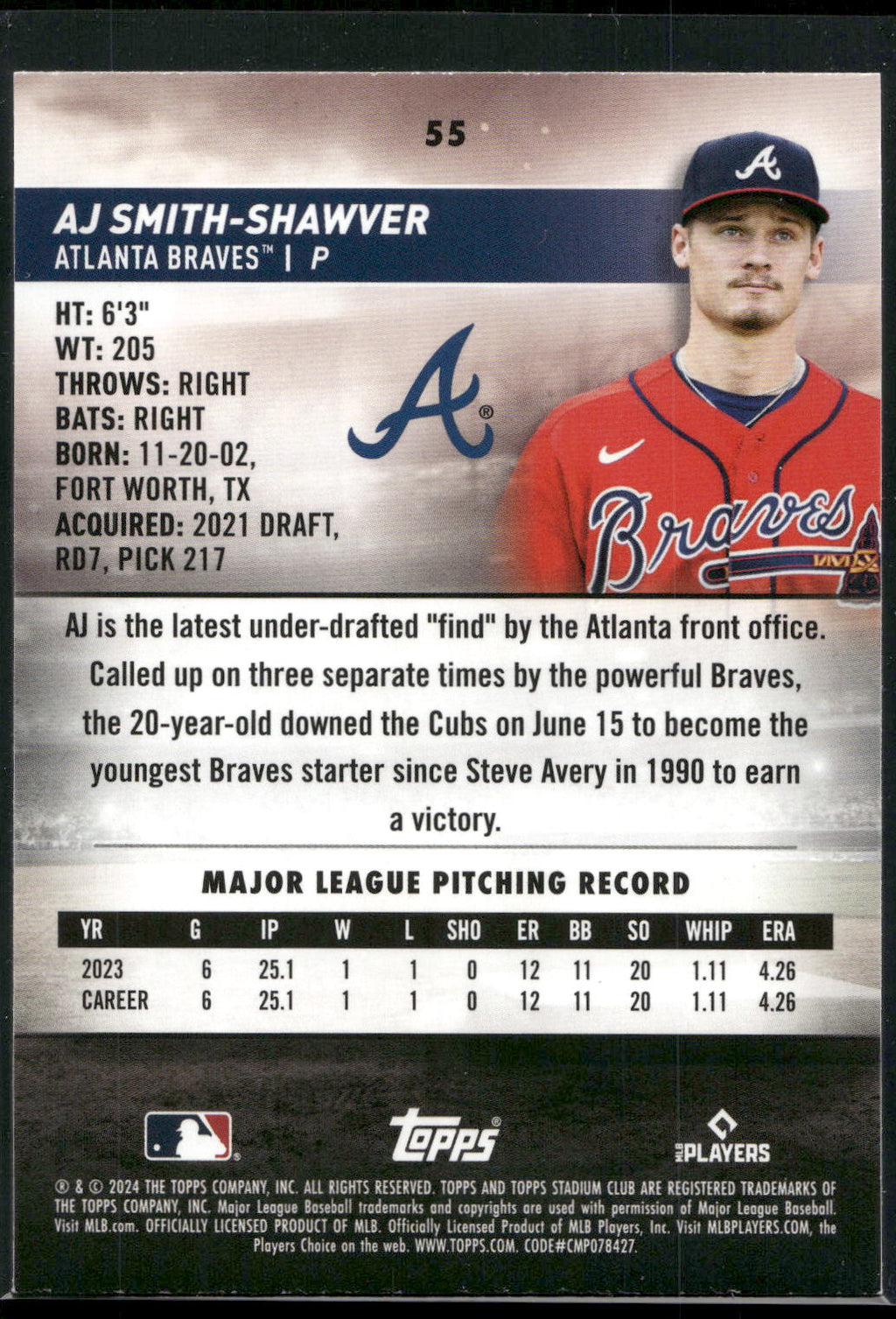 2024 Stadium Club #55 AJ Smith-Shawver