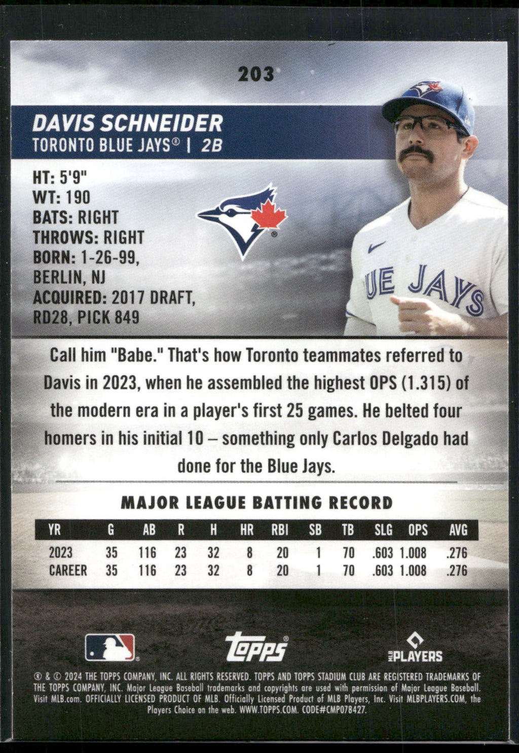 2024 Stadium Club #203 Davis Schneider