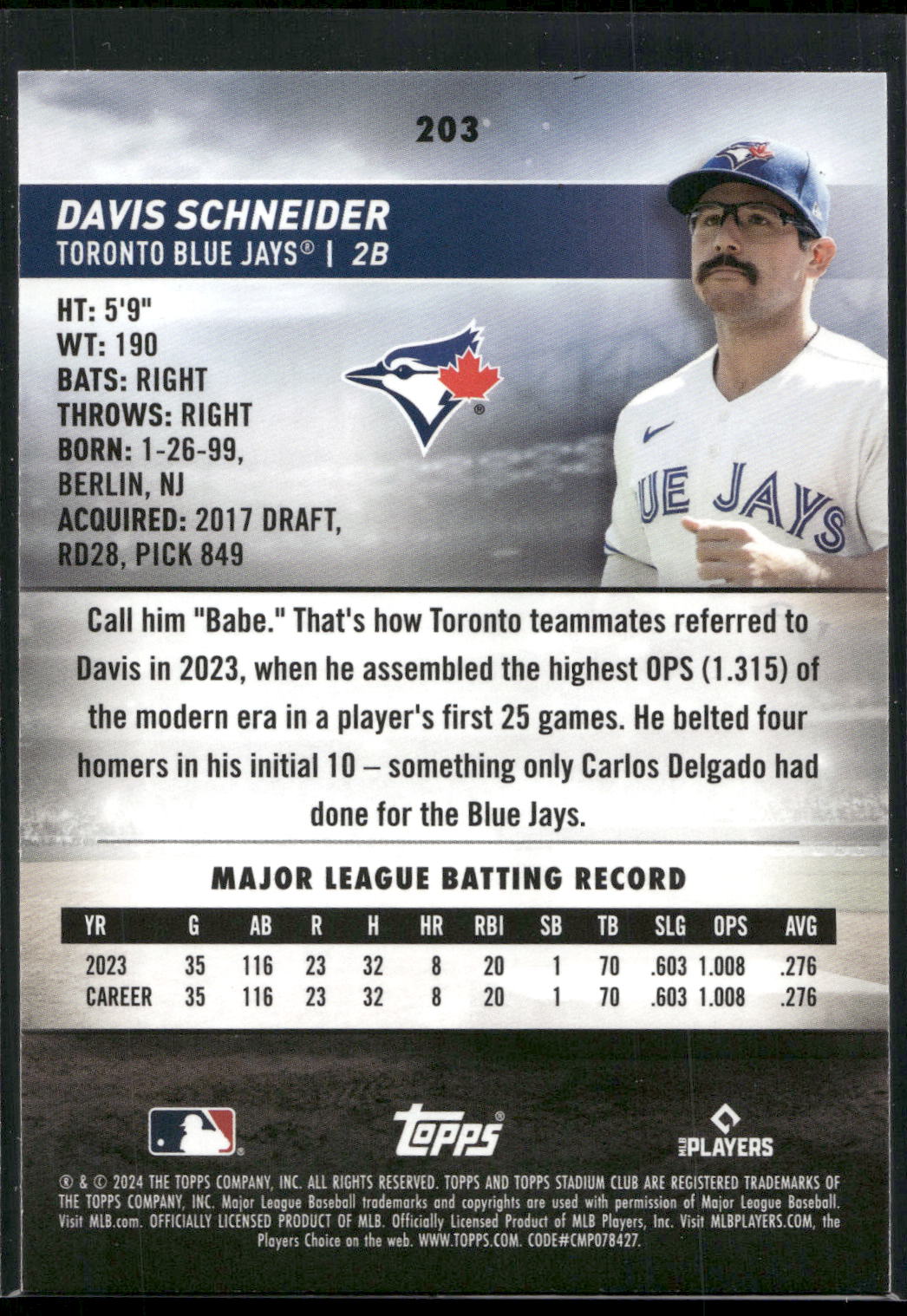 2024 Stadium Club #203 Davis Schneider