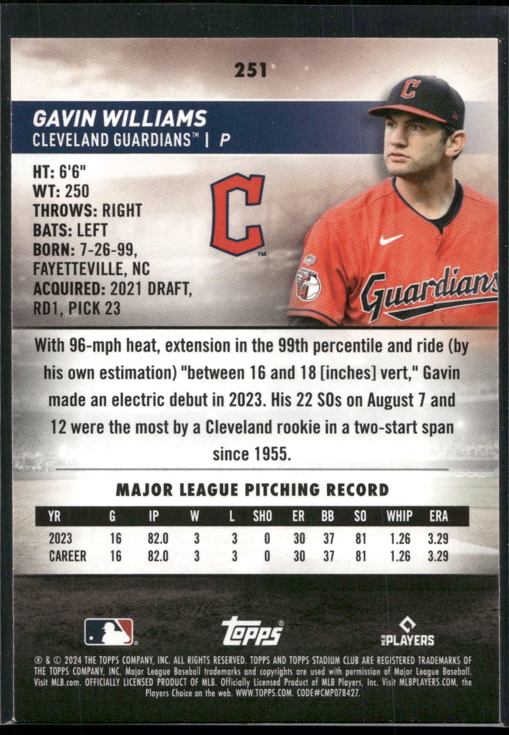 2024 Stadium Club #251 Gavin Williams