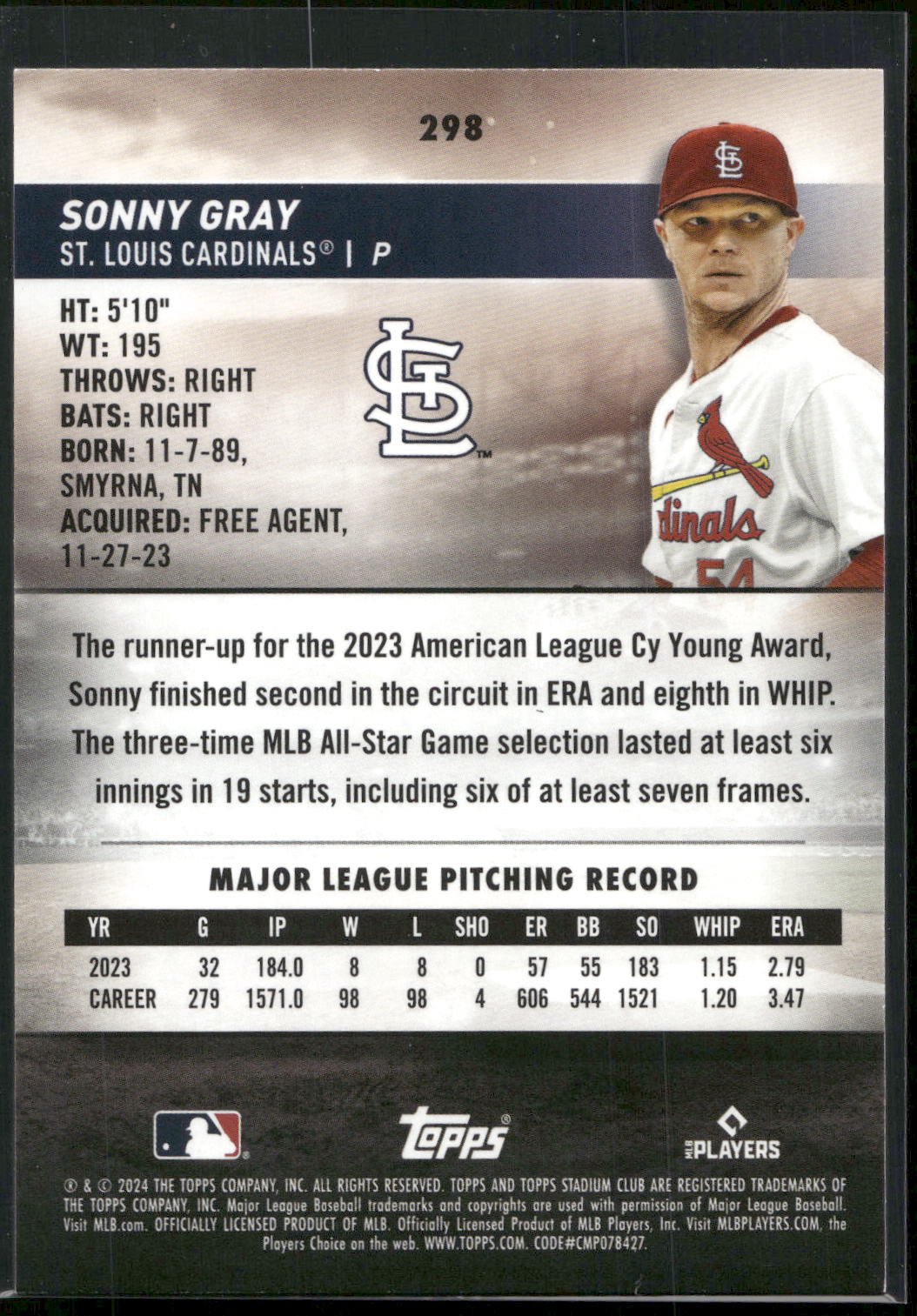 2024 Stadium Club #298 Sonny Gray