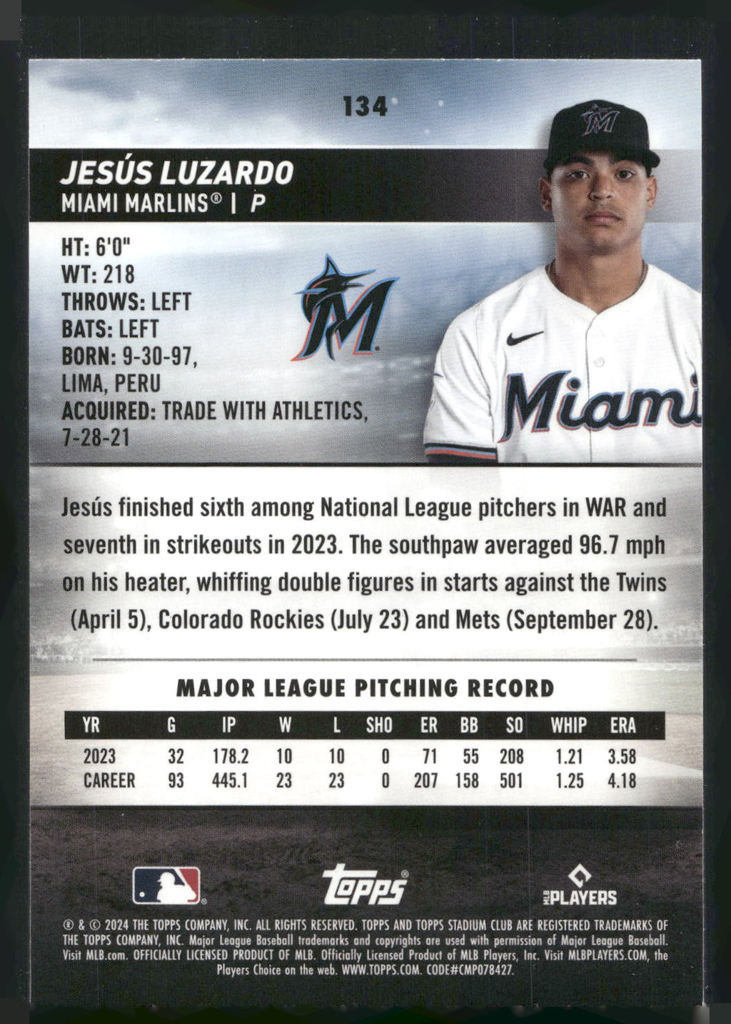 2024 Stadium Club #134 Jesús Luzardo