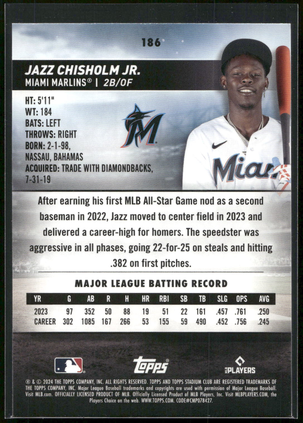 2024 Stadium Club #186 Jazz Chisholm Jr.