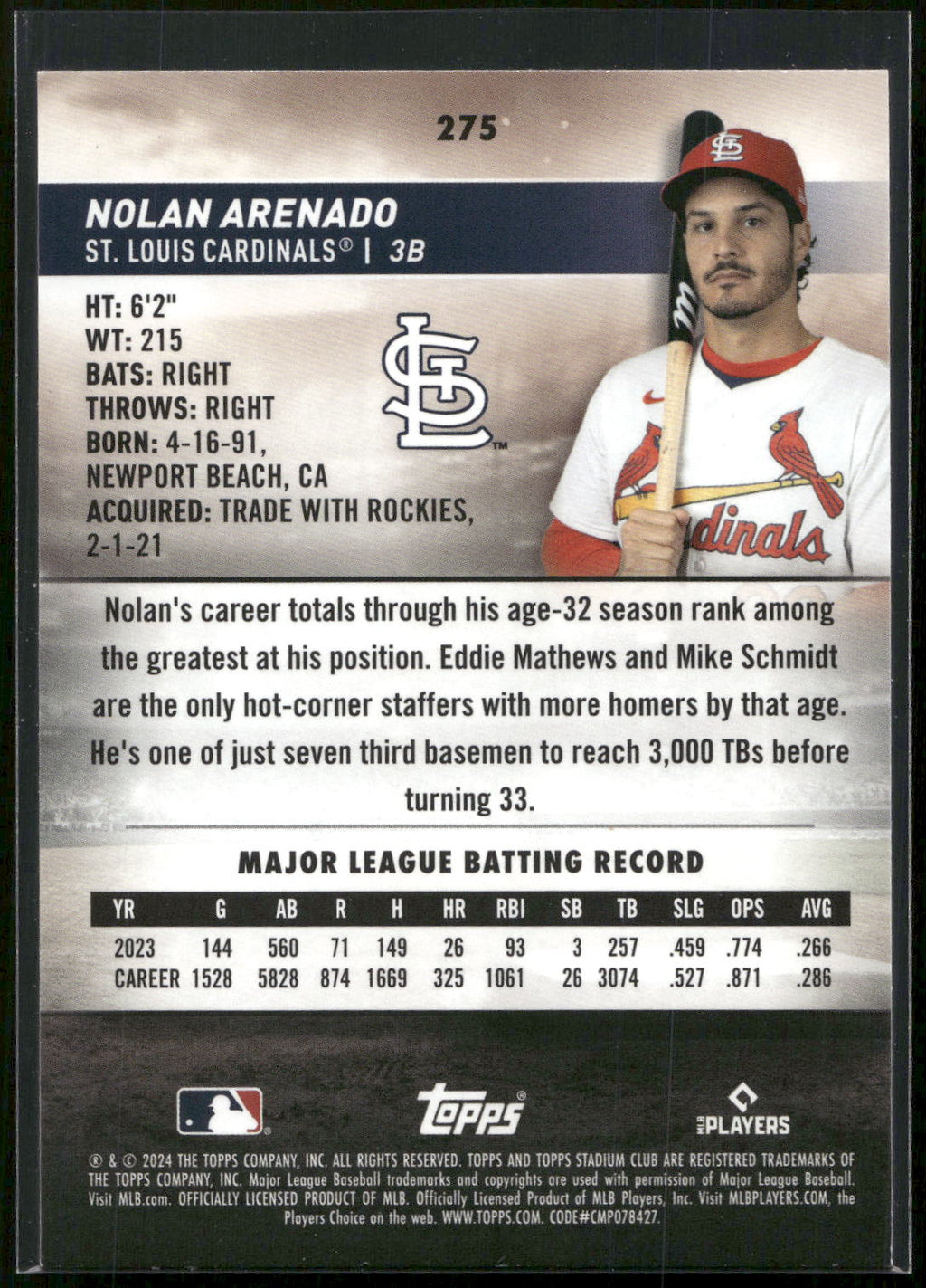 2024 Stadium Club #275 Nolan Arenado