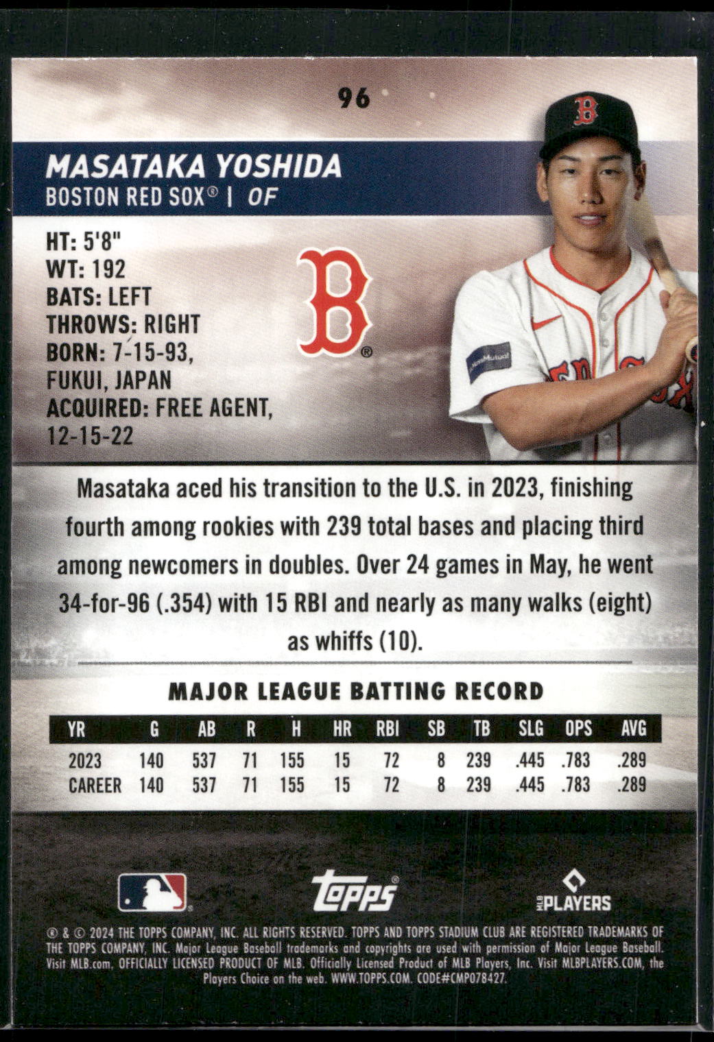 2024 Stadium Club #96 Masataka Yoshida Pink Foil