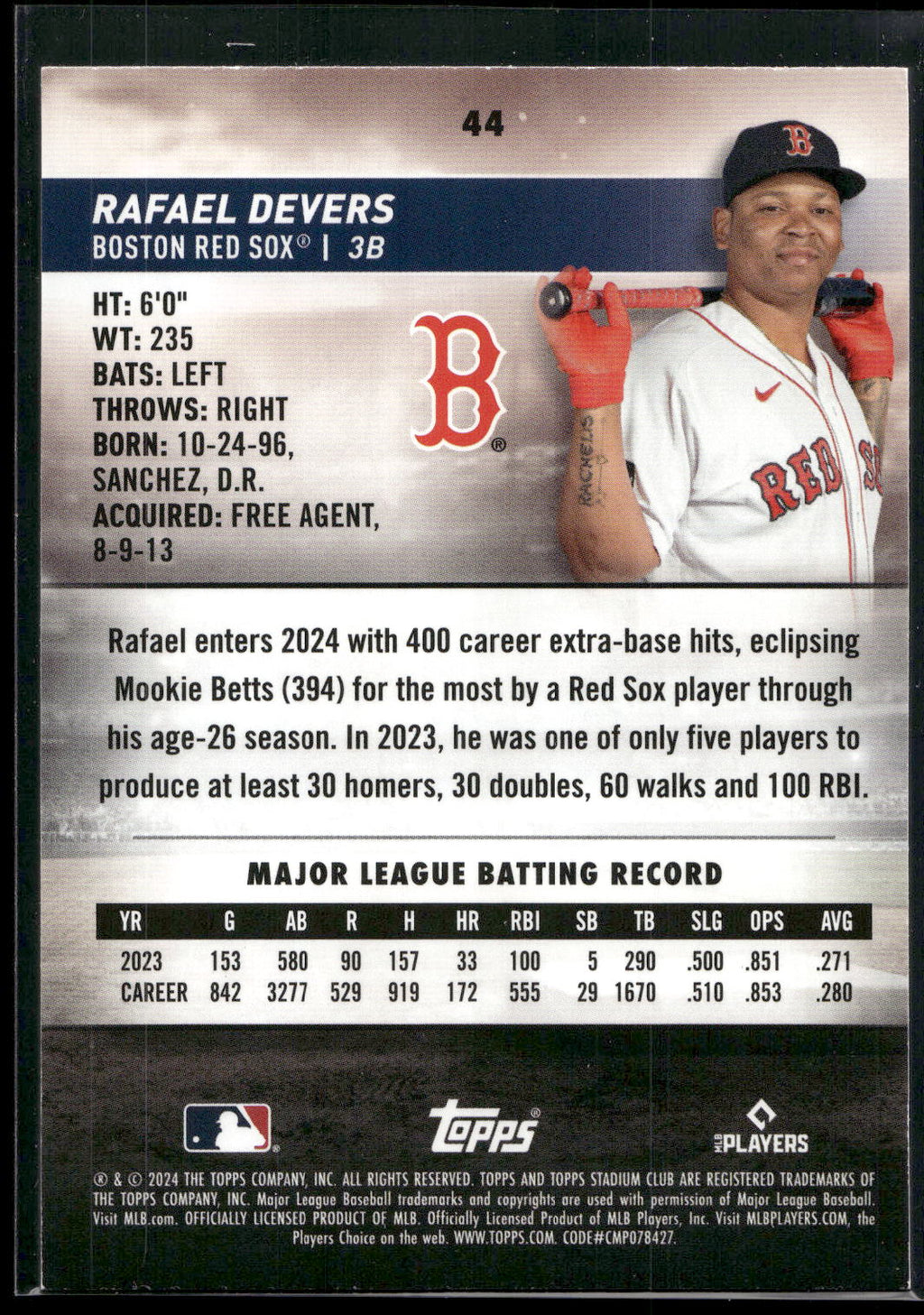 2024 Stadium Club #44 Rafael Devers Pink Foil
