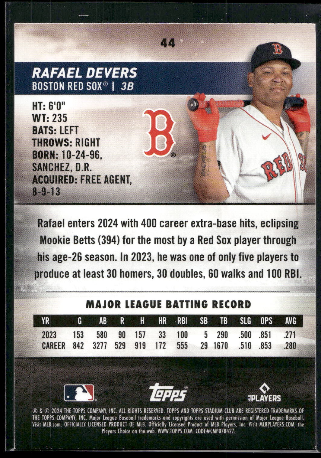 2024 Stadium Club #44 Rafael Devers Pink Foil