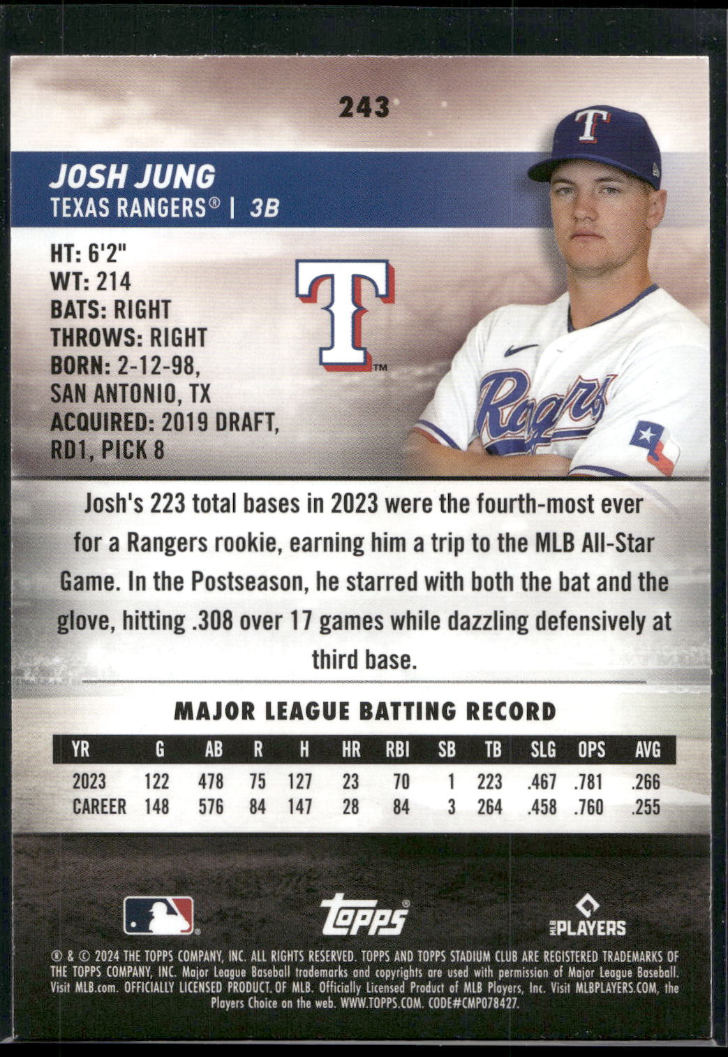 2024 Stadium Club #243 Josh Jung Pink Foil