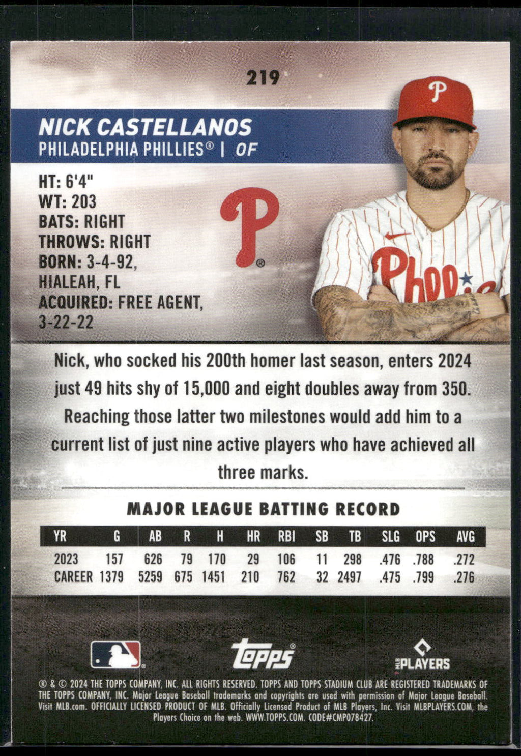 2024 Stadium Club #219 Nick Castellanos Pink Foil