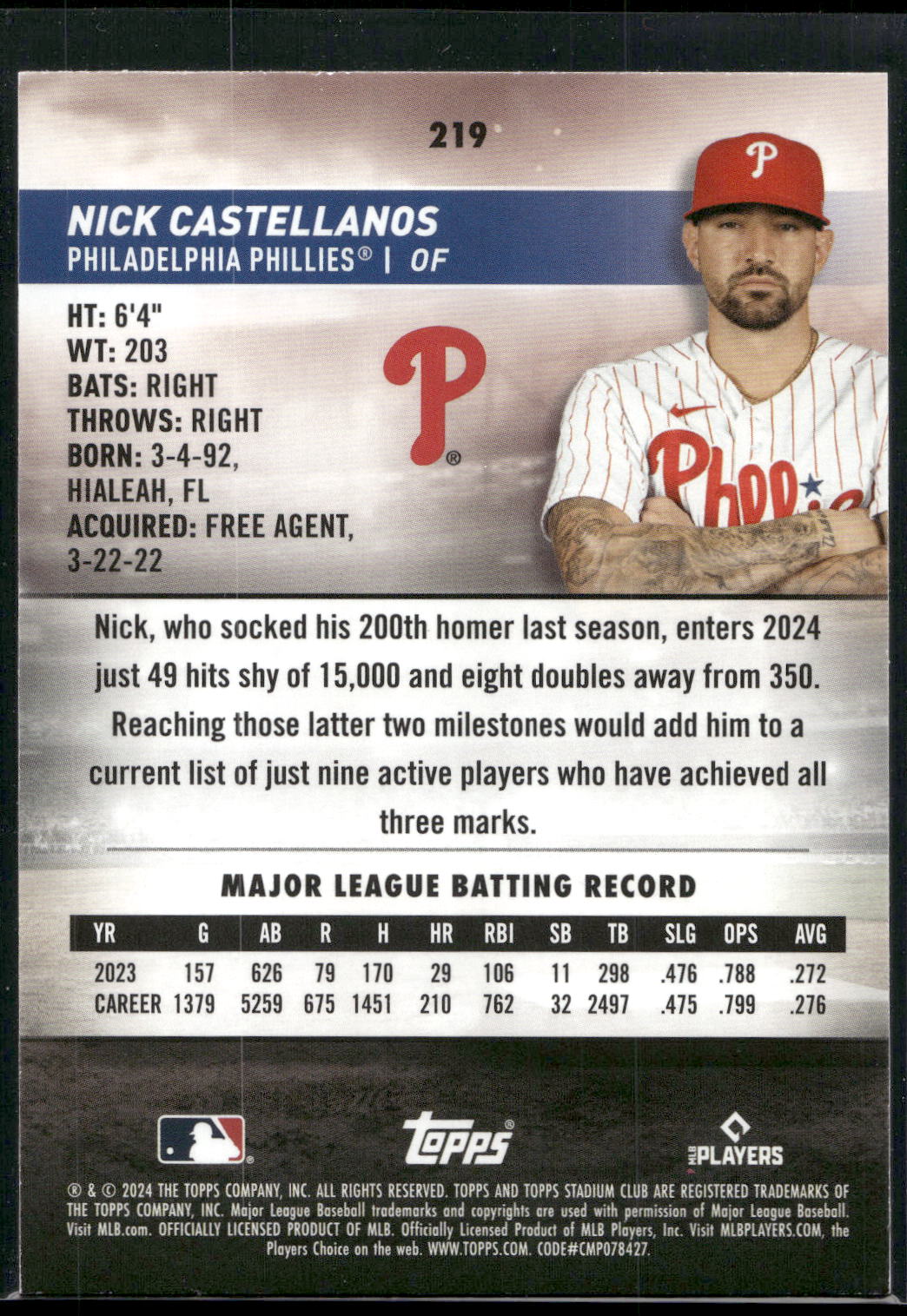 2024 Stadium Club #219 Nick Castellanos Pink Foil
