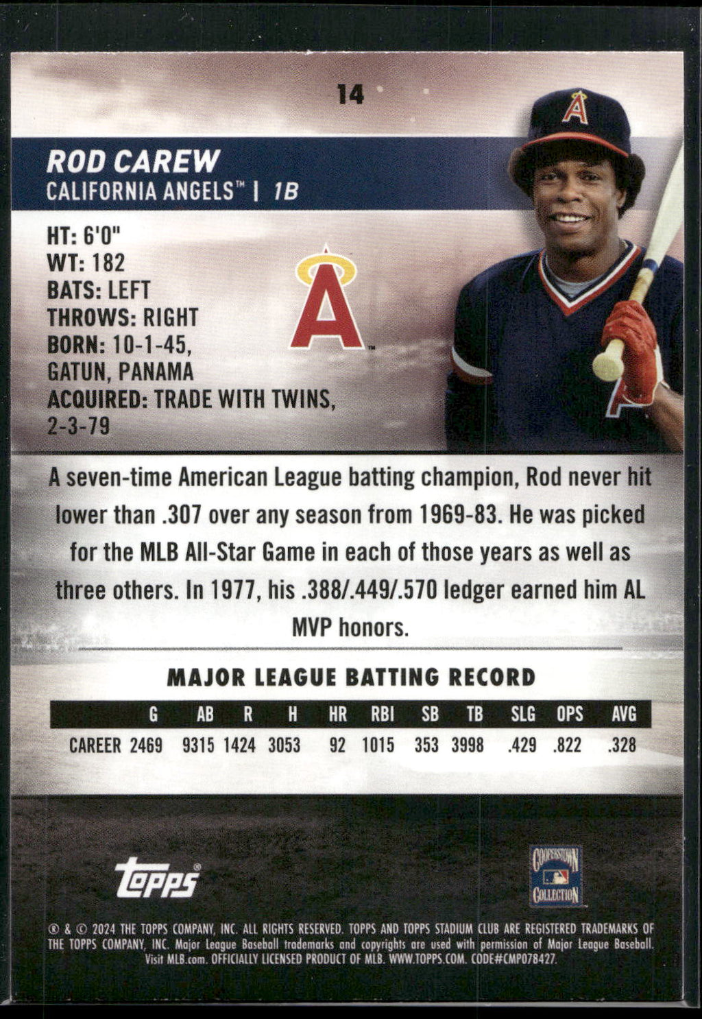 2024 Stadium Club #14 Rod Carew Pink Foil