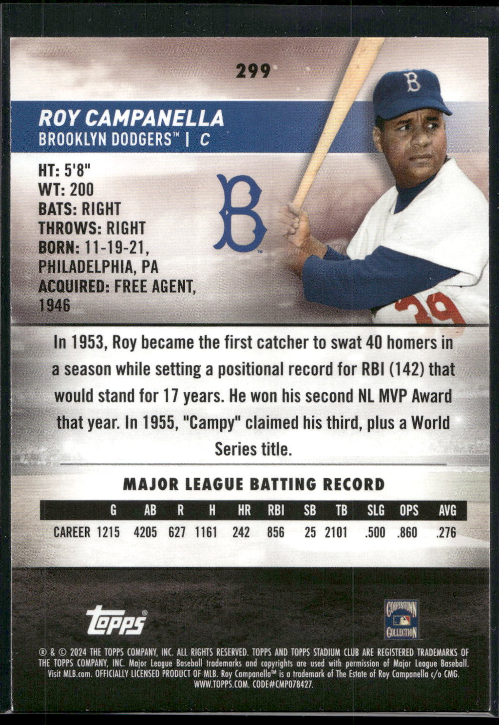 2024 Stadium Club #299 Roy Campanella Pink Foil