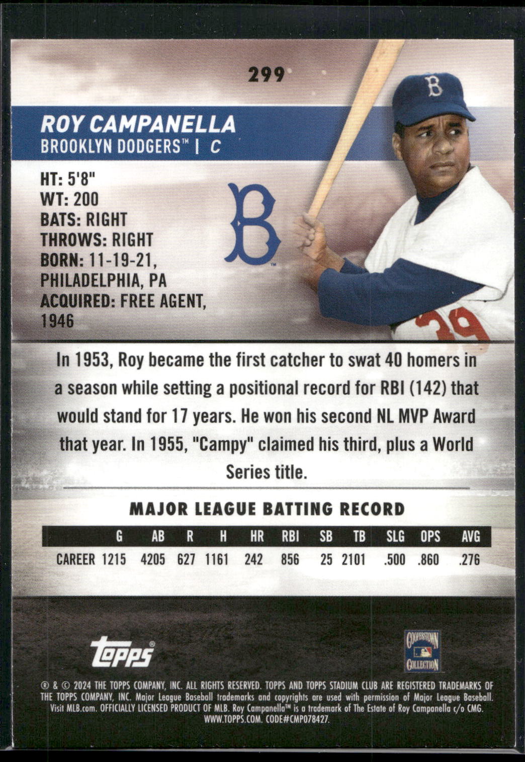 2024 Stadium Club #299 Roy Campanella Pink Foil