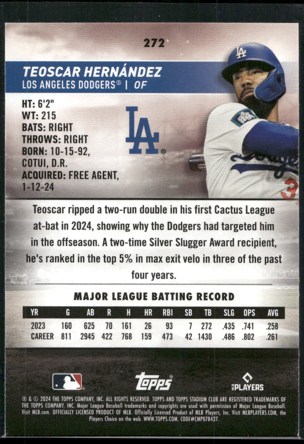 2024 Stadium Club #272 Teoscar Hernández Pink Foil