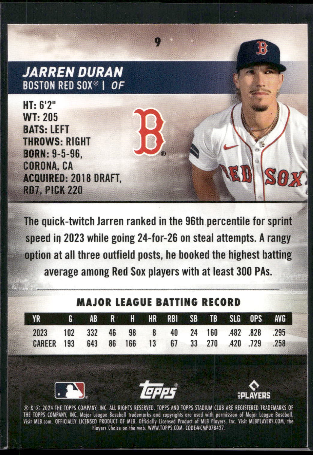2024 Stadium Club #9 Jarren Duran Pink Foil