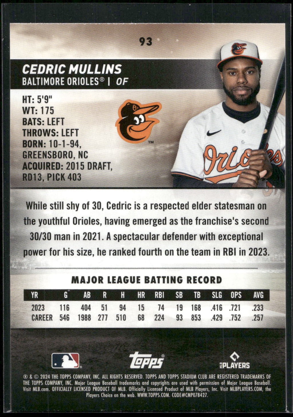 2024 Stadium Club #93 Cedric Mullins Pink Foil