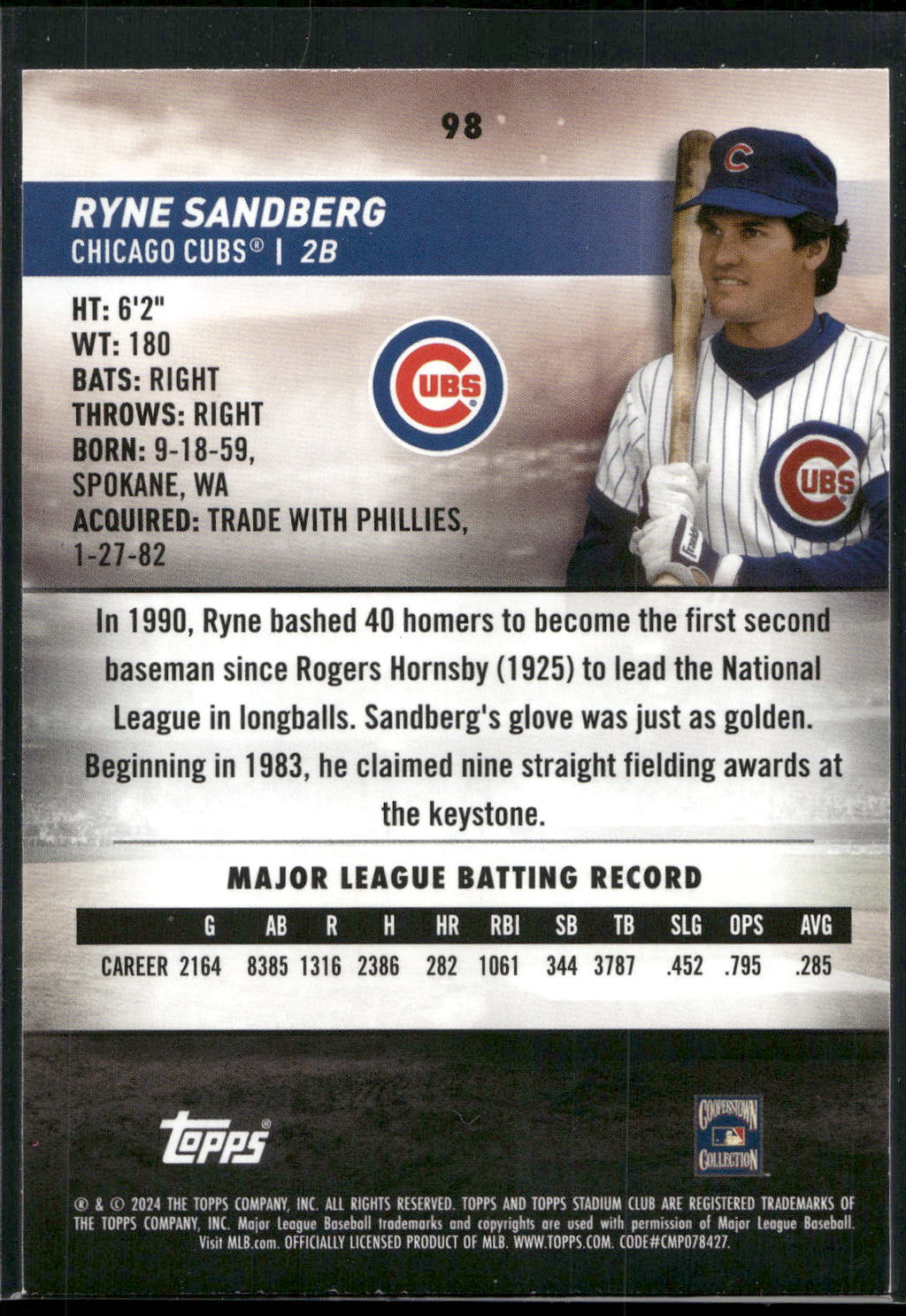 2024 Stadium Club #98 Ryne Sandberg Pink Foil