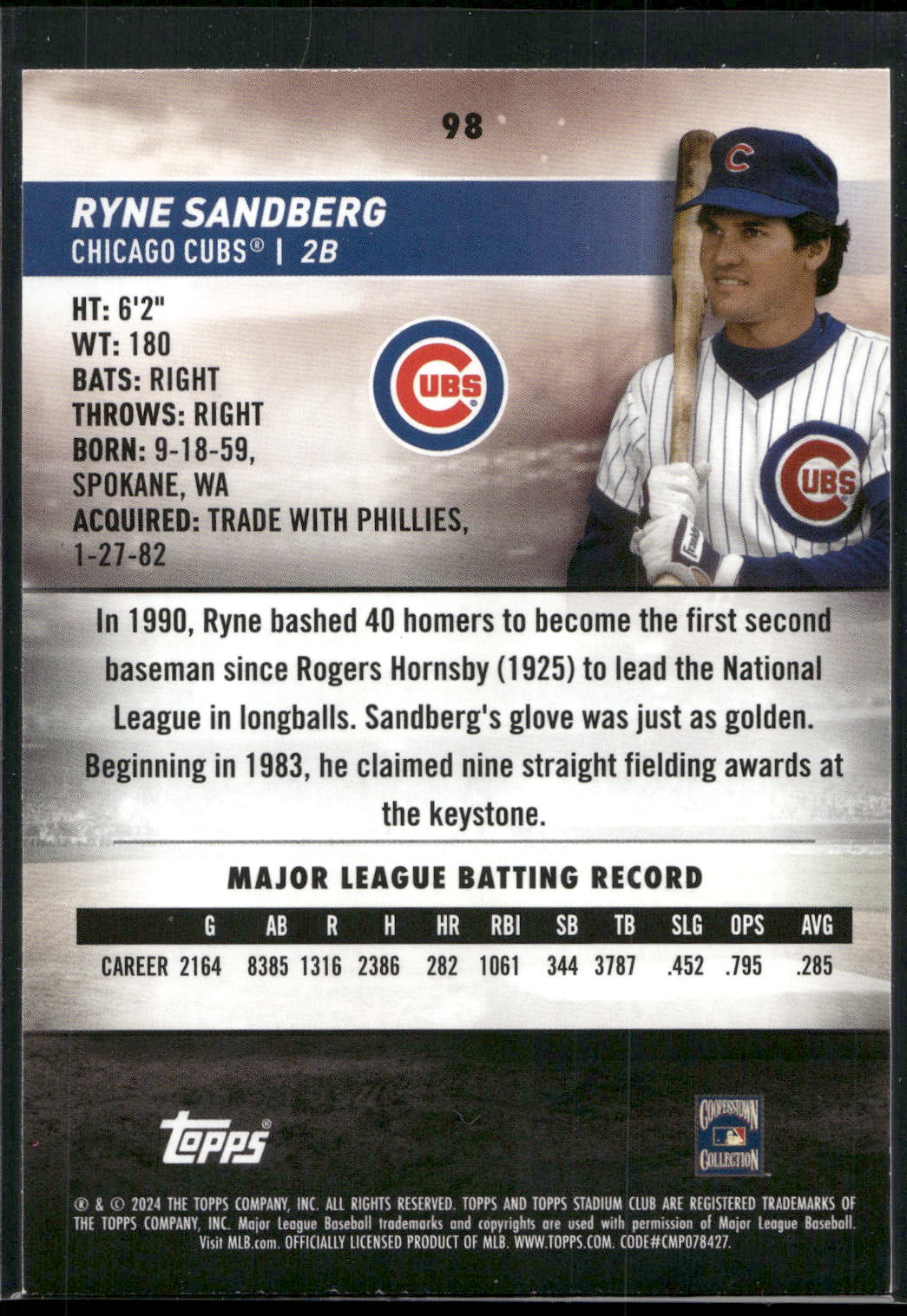 2024 Stadium Club #98 Ryne Sandberg Pink Foil