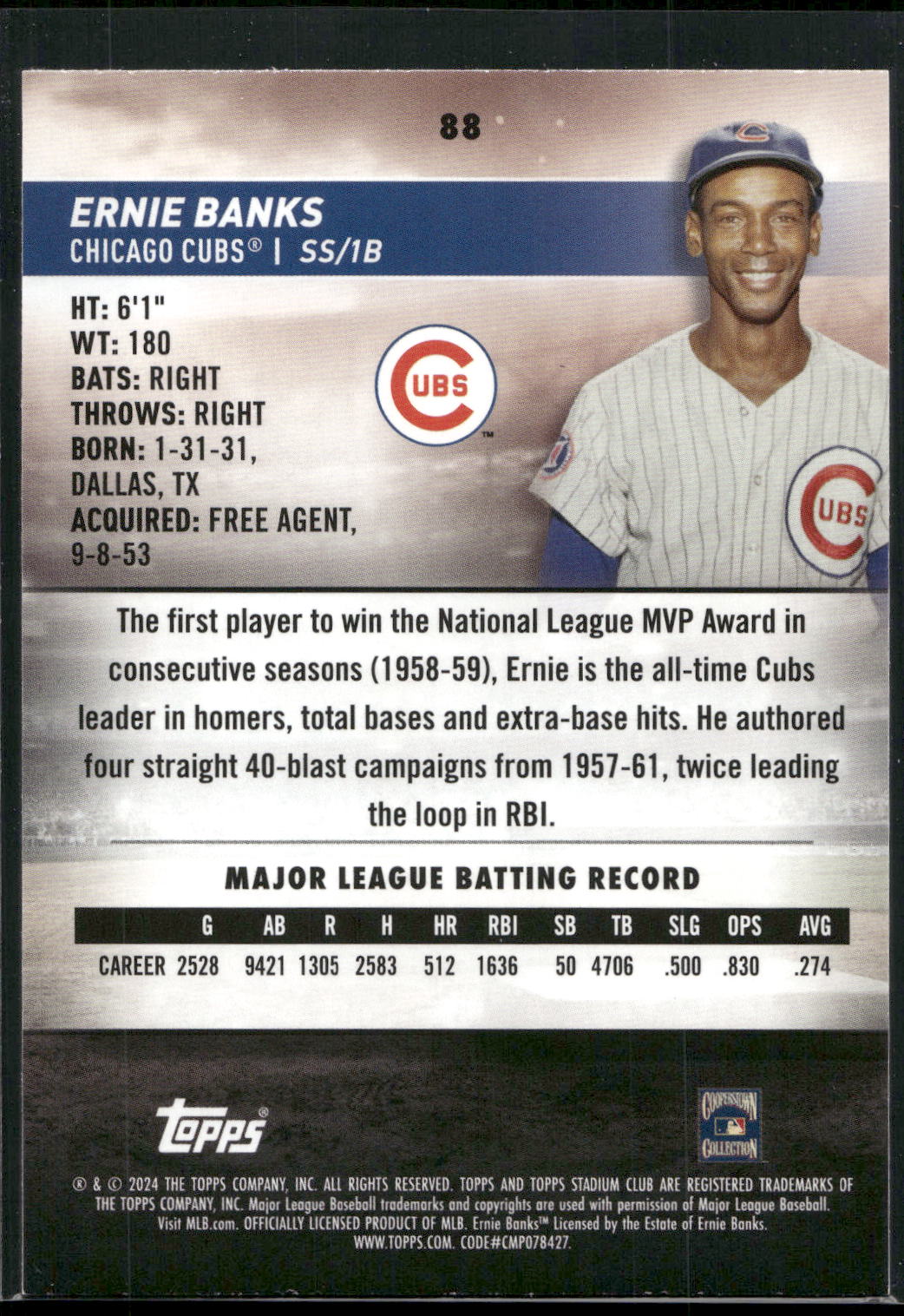 2024 Stadium Club #88 Ernie Banks Pink Foil