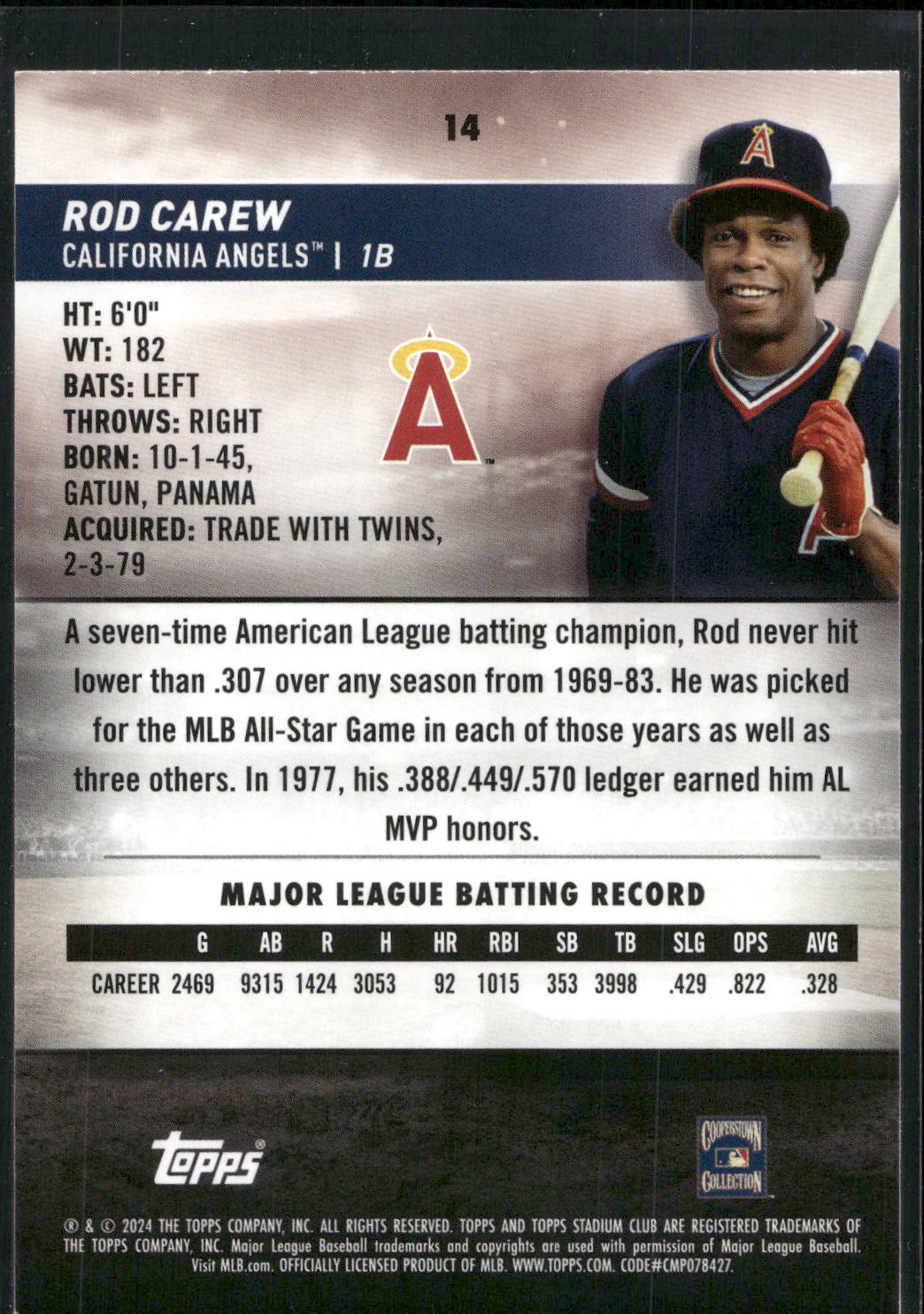 2024 Stadium Club #14 Rod Carew Pink Foil