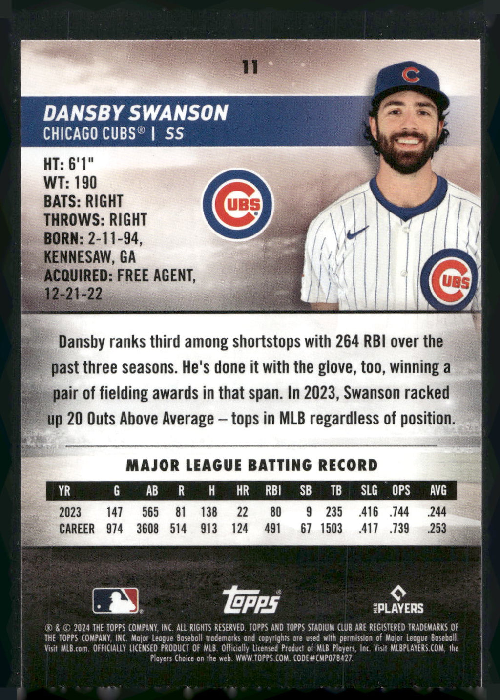 2024 Stadium Club #11 Dansby Swanson Pink Foil