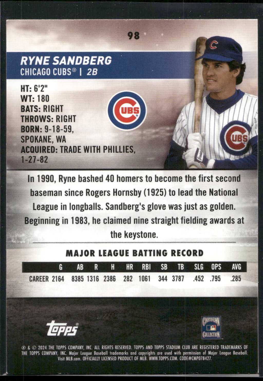 2024 Stadium Club #98 Ryne Sandberg Pink Foil