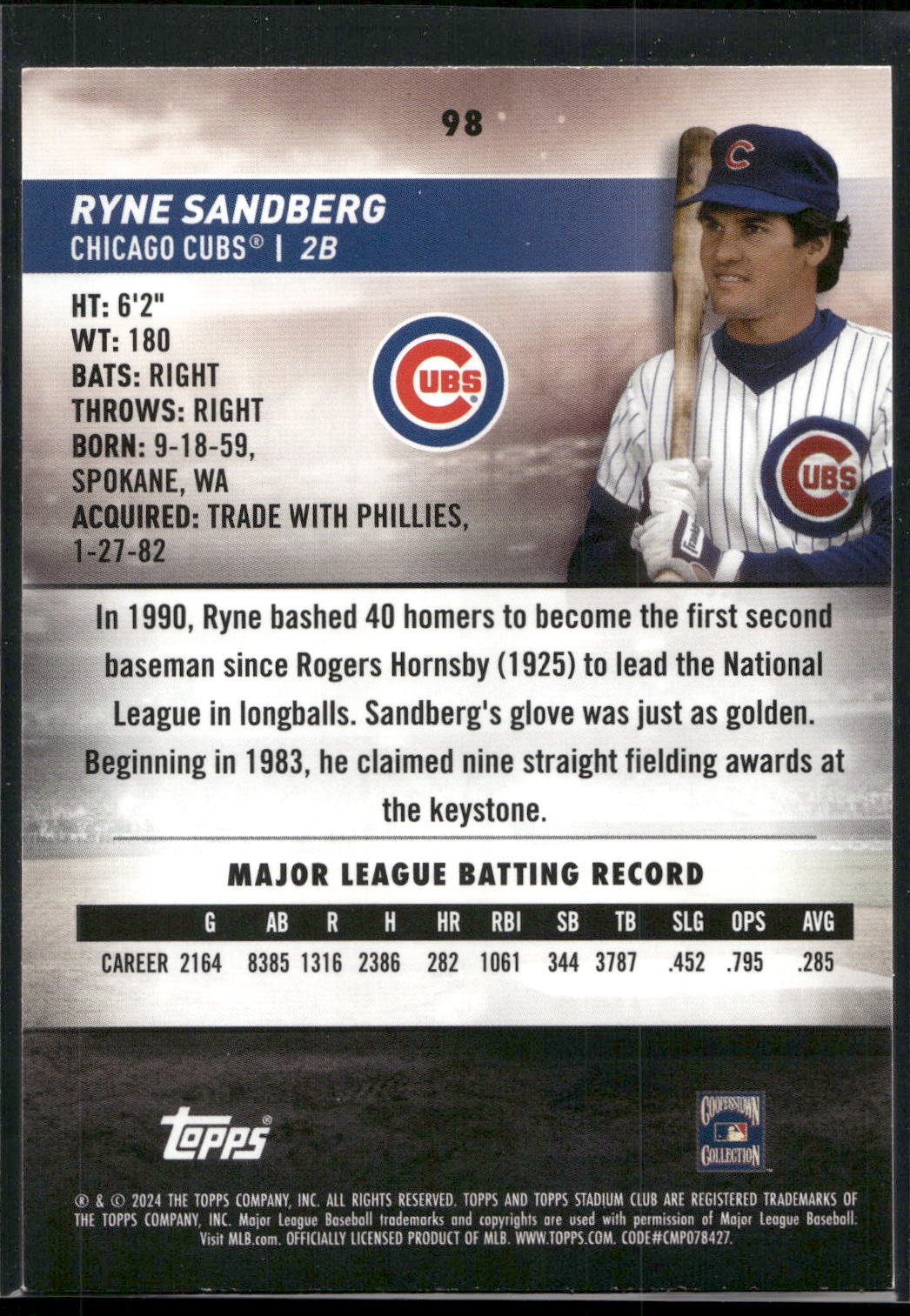 2024 Stadium Club #98 Ryne Sandberg Pink Foil