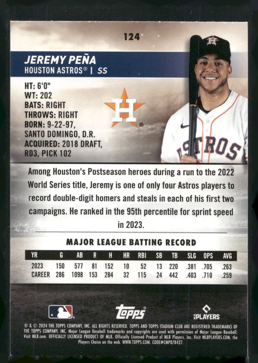 2024 Stadium Club #124 Jeremy Peña Red Foil