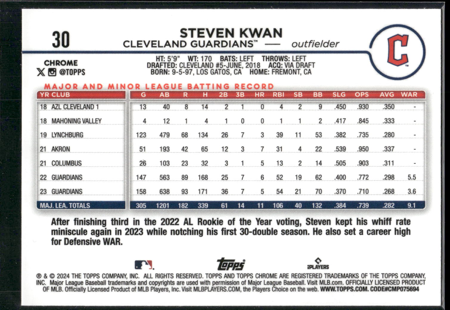 2024 Topps Chrome #30 Steven Kwan
