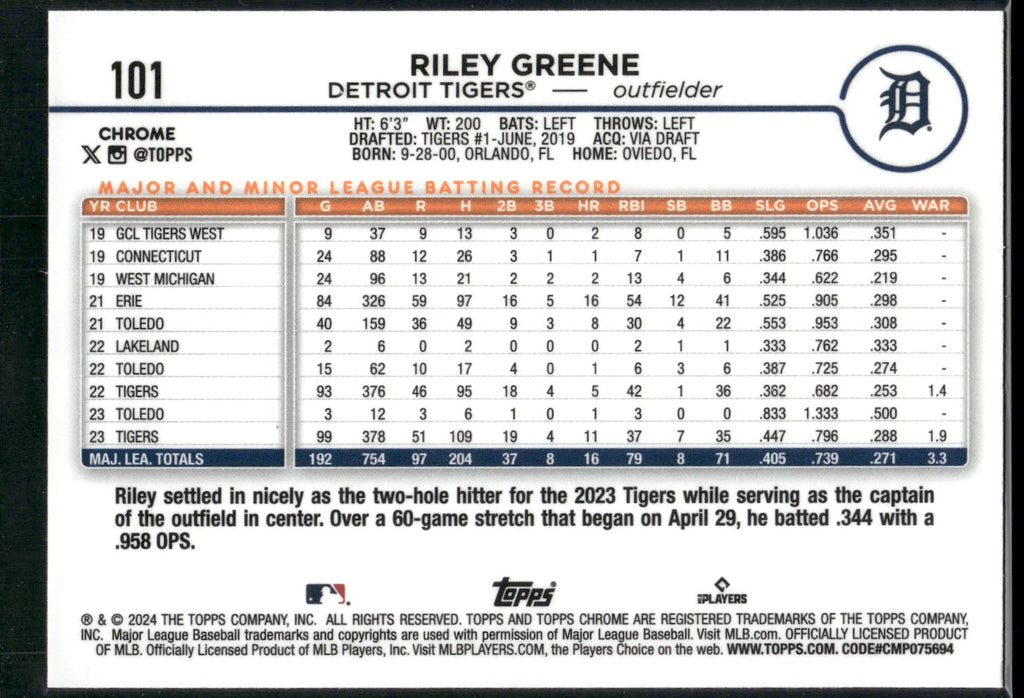 2024 Topps Chrome #101 Riley Greene