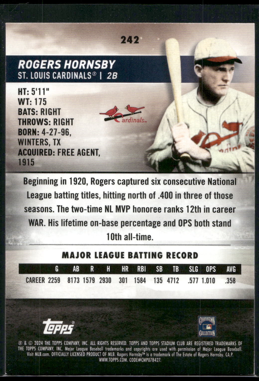 2024 Stadium Club #242 Rogers Hornsby