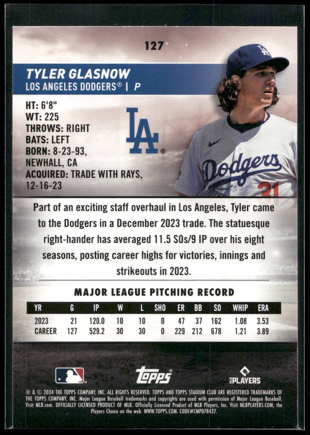 2024 Stadium Club #127 Tyler Glasnow