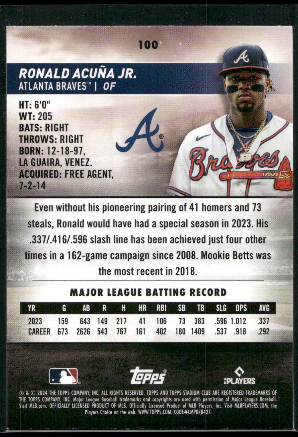 2024 Stadium Club #100 Ronald Acuña Jr.