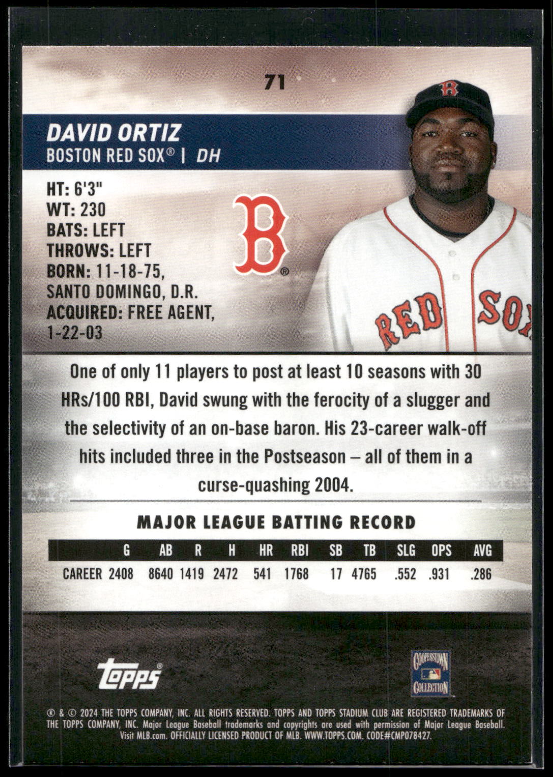 2024 Stadium Club #71 David Ortiz