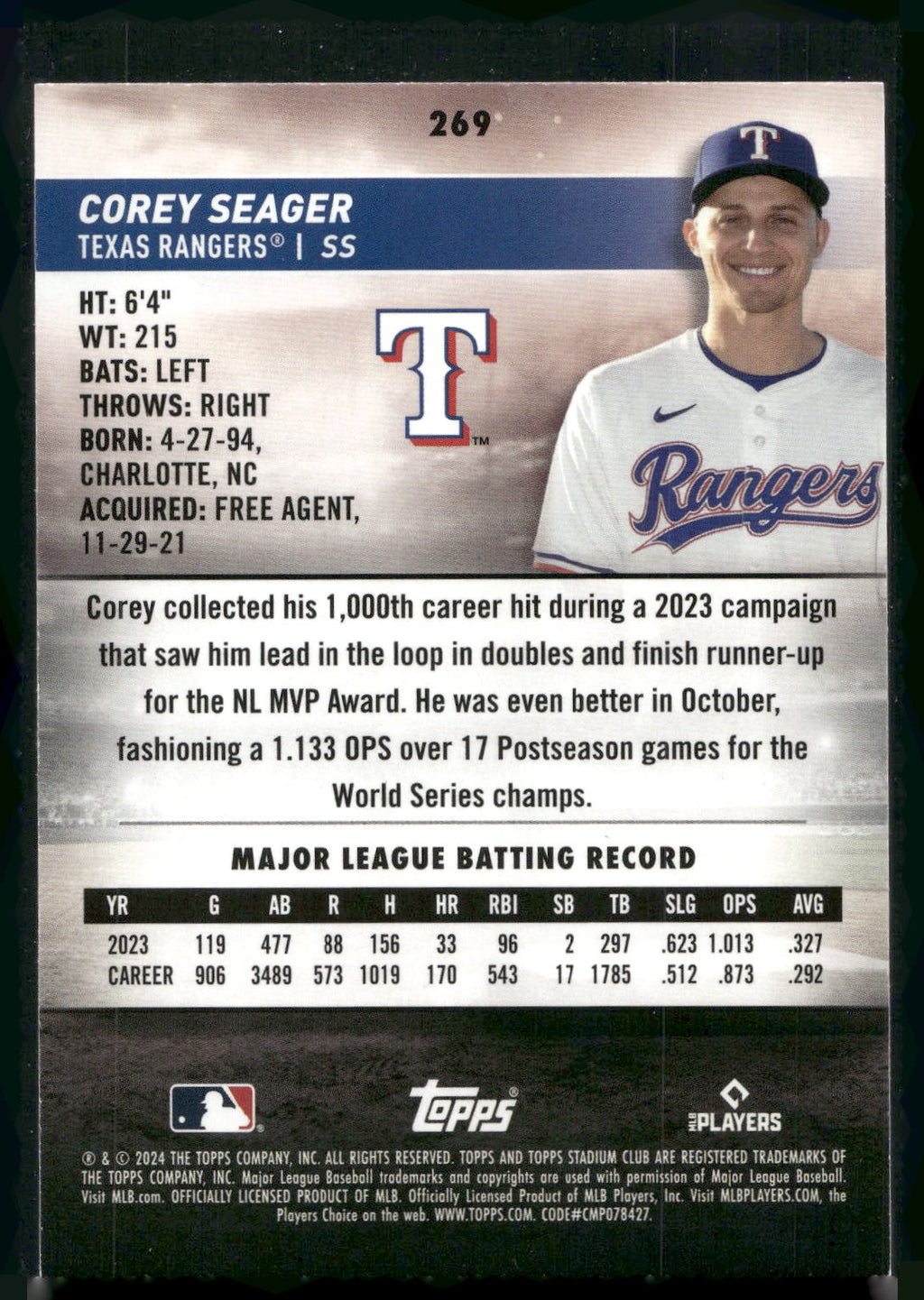 2024 Stadium Club #269 Corey Seager