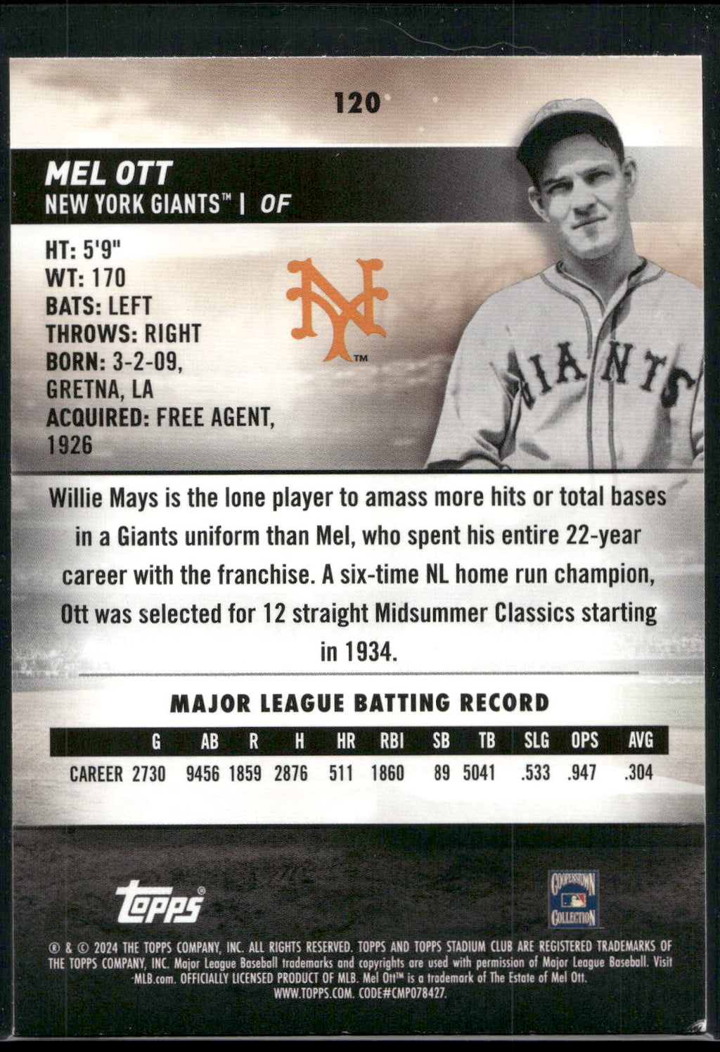 2024 Stadium Club #120 Mel Ott