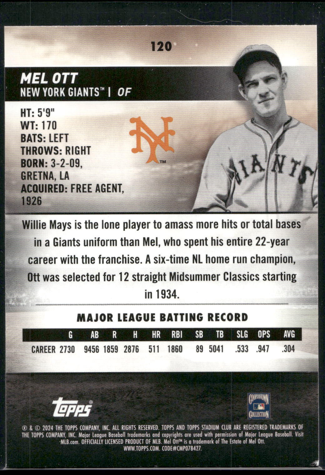 2024 Stadium Club #120 Mel Ott