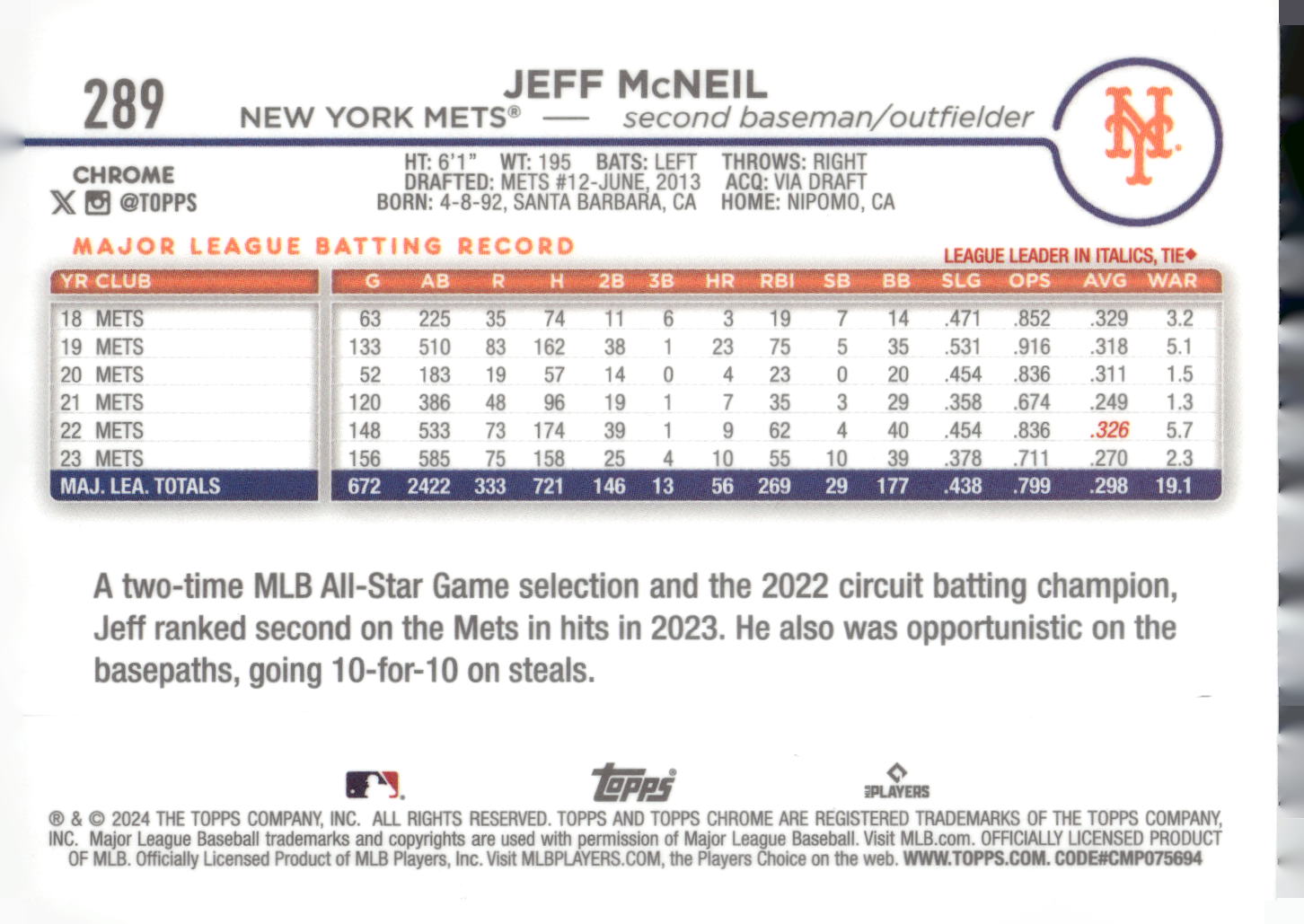 2024 Topps Chrome #289 Jeff McNeil