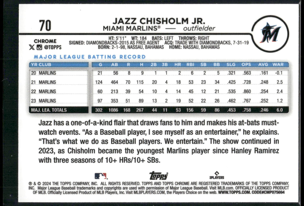 2024 Topps Chrome #70 Jazz Chisholm Jr.
