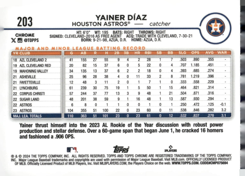 2024 Topps Chrome #203 Yainer Díaz