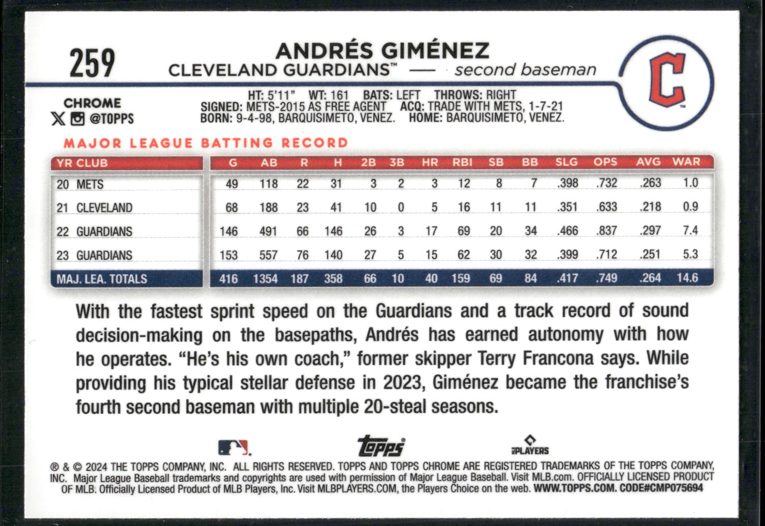 2024 Topps Chrome #259 Andrés Giménez