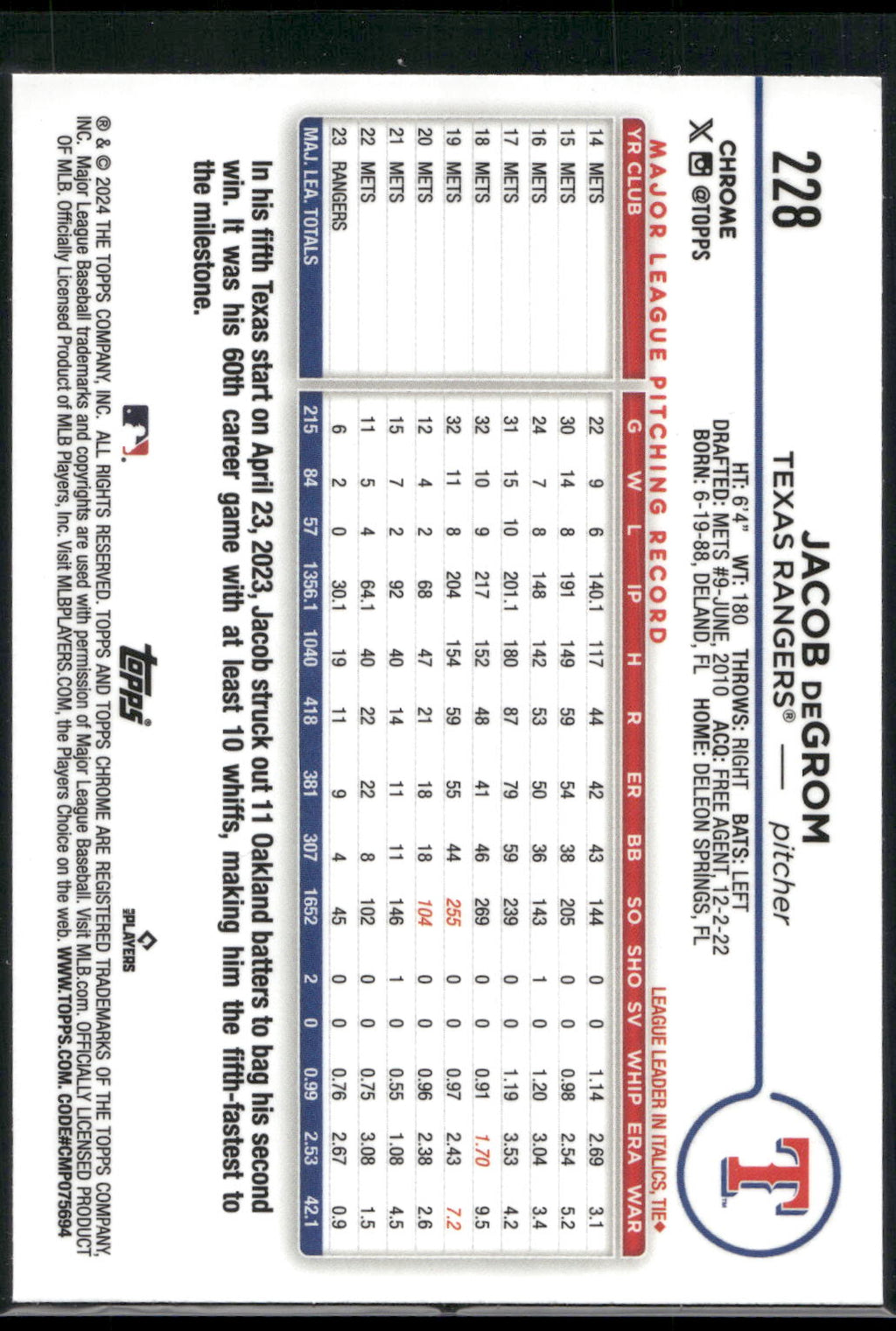 2024 Topps Chrome #228 Jacob deGrom