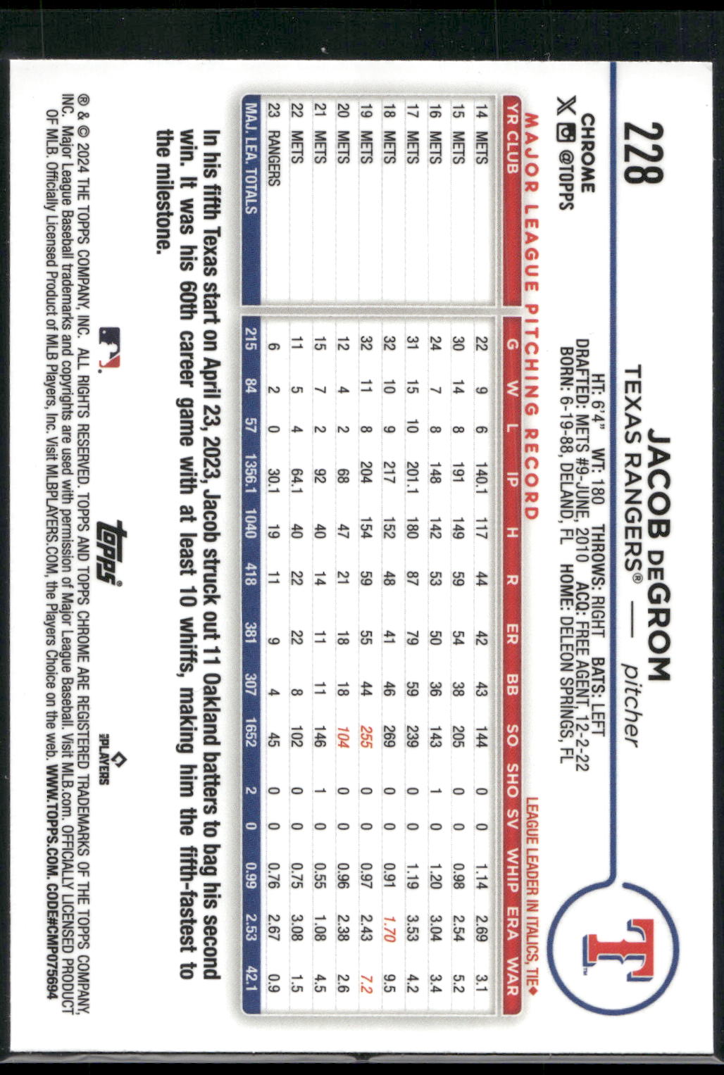 2024 Topps Chrome #228 Jacob deGrom