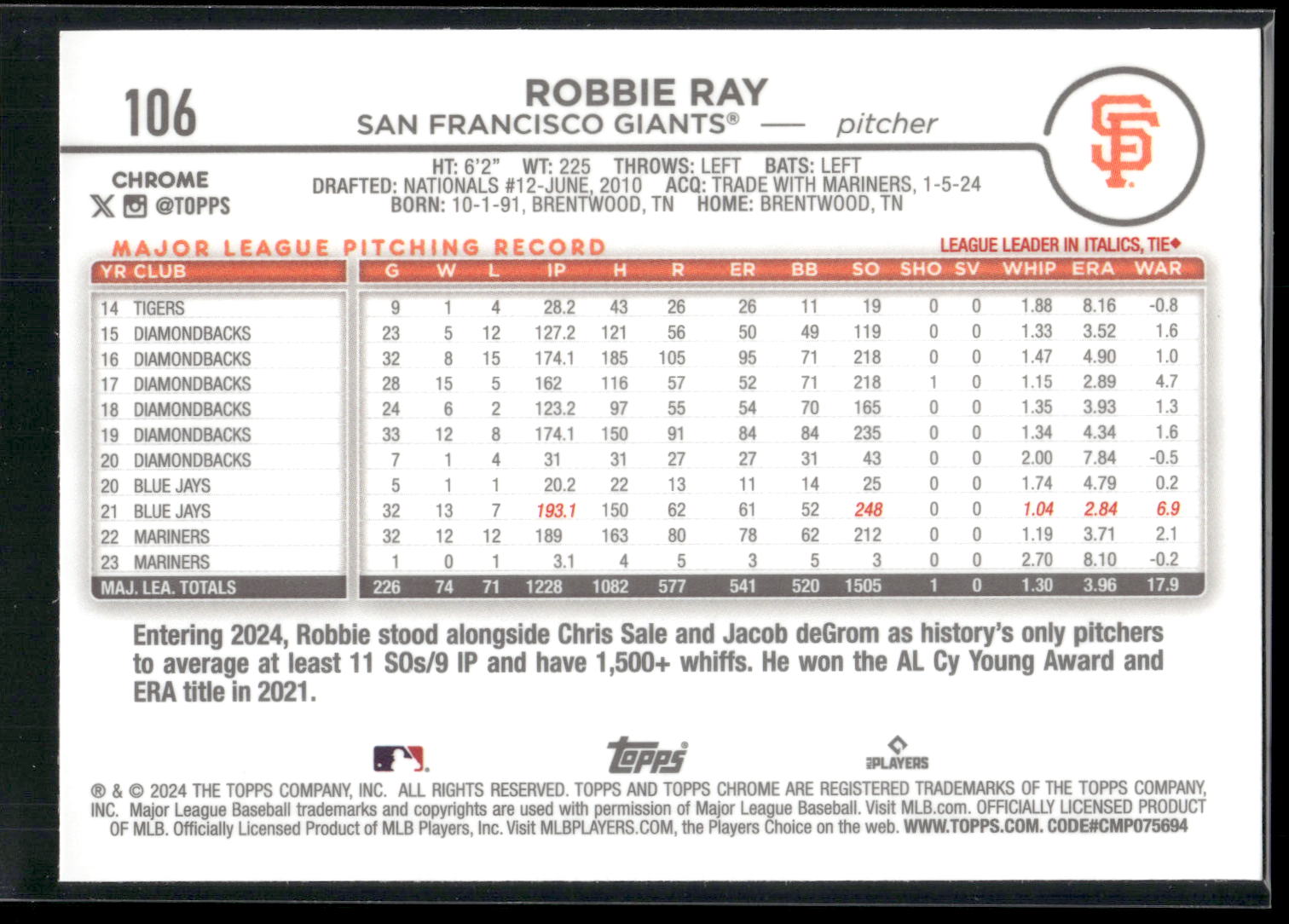 2024 Topps Chrome #106 Robbie Ray