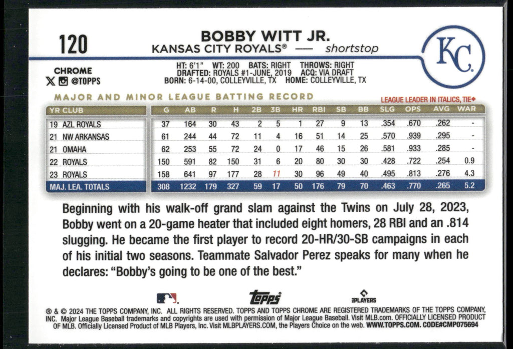 2024 Topps Chrome #120 Bobby Witt Jr.