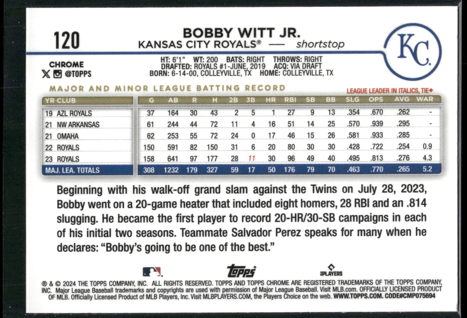 2024 Topps Chrome #120 Bobby Witt Jr.