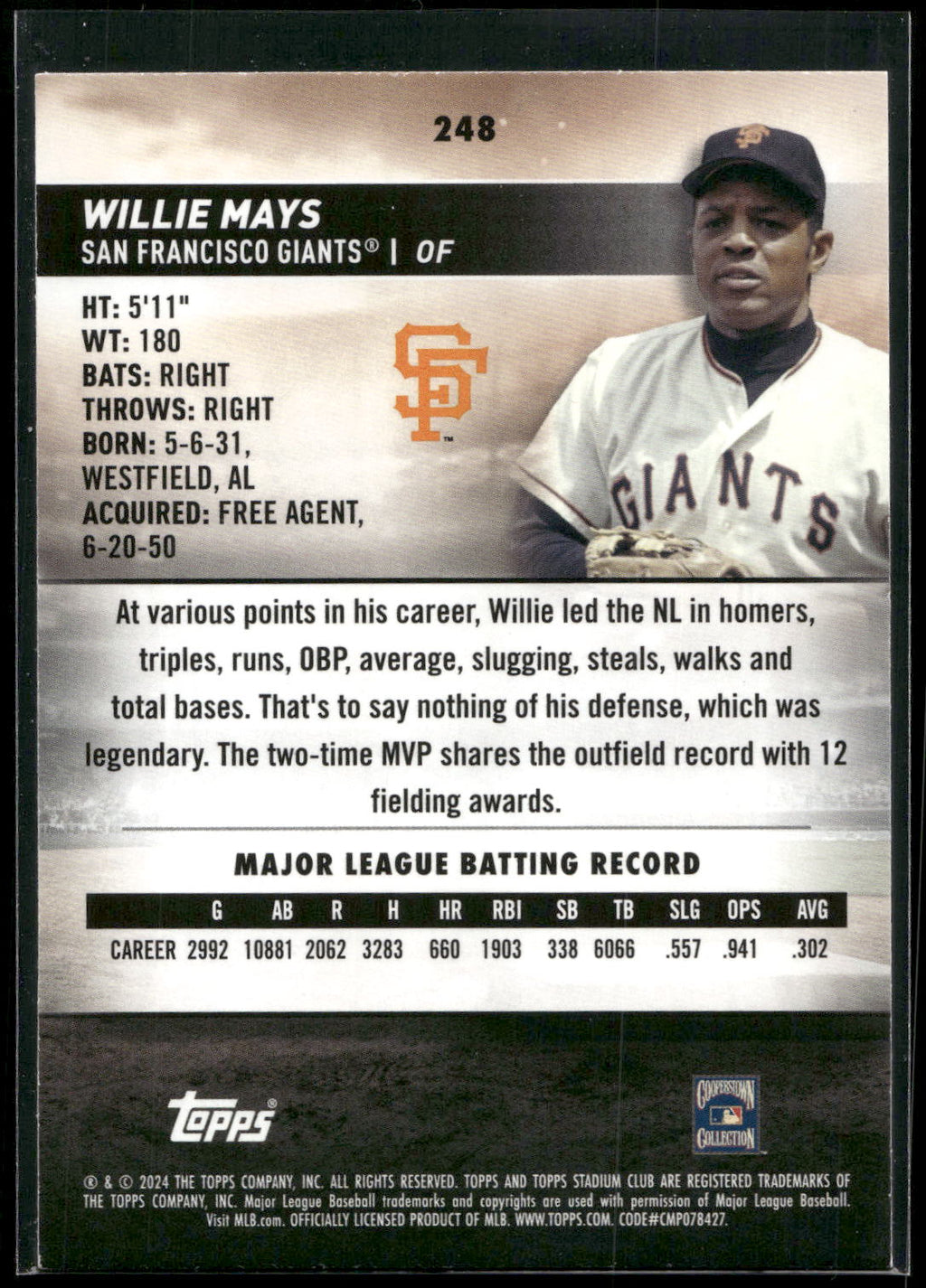 2021 Stadium Club #51 Willie Mays